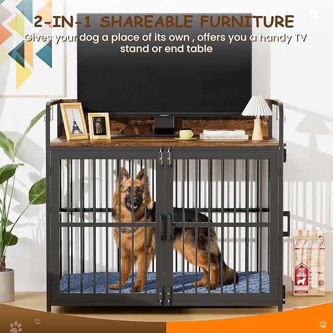 Large Dog Crate Furniture for Dogs, Wooden Decorative Heavy Duty Indoor Dog Kennel with Double Doors for Medium Small Breed, Pet House Dog Cage with Side End Table