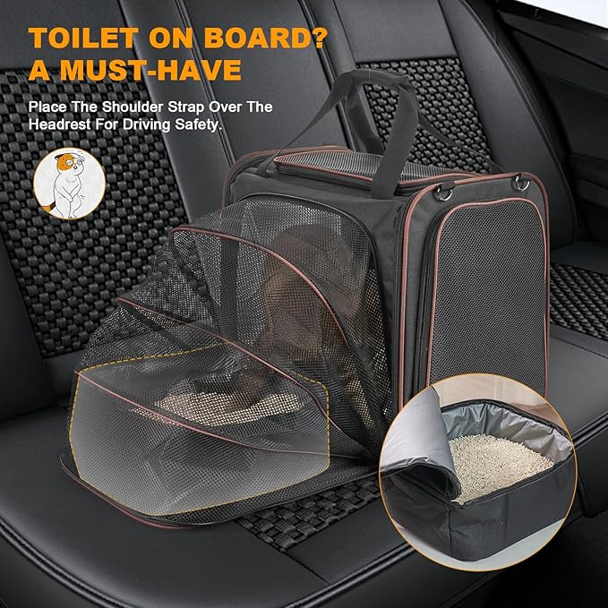 Cat Carrier with Litter Box, Expandable Cat Carrier with Litter Box for Car Travel, up to 20 lb to Road Trip, Camping, or Hotel, Black