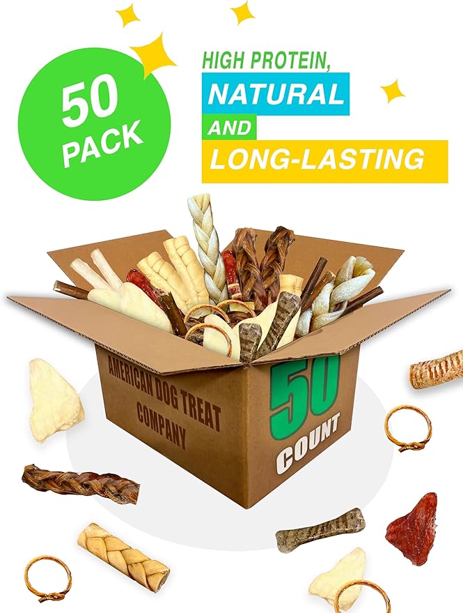 50-Piece Premium Dog Chew Assortment - Natural & Long-Lasting Treats | Includes Beef Ears, Bully Sticks, Collagen Sticks, Trachea Bones & More
