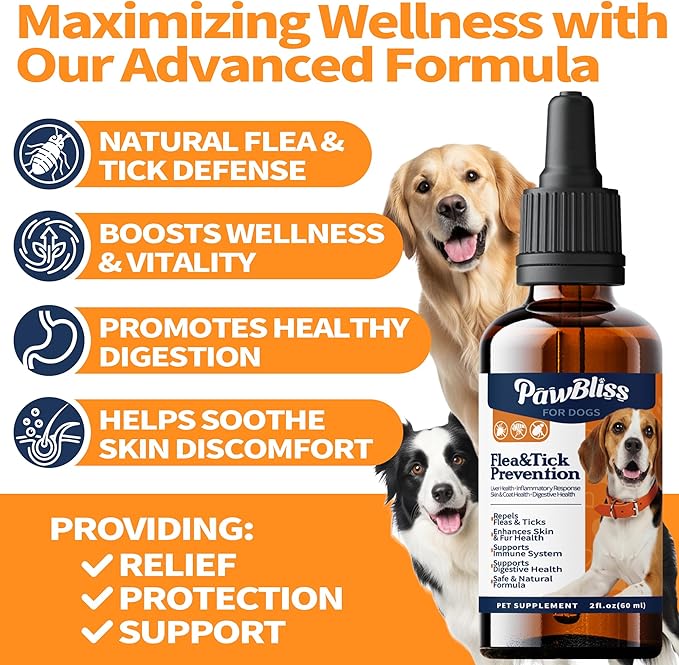 Flea and Tick Prevention for Dogs, Pets Oral Natural Supplement Drops with Multivitamin Care for All Breeds