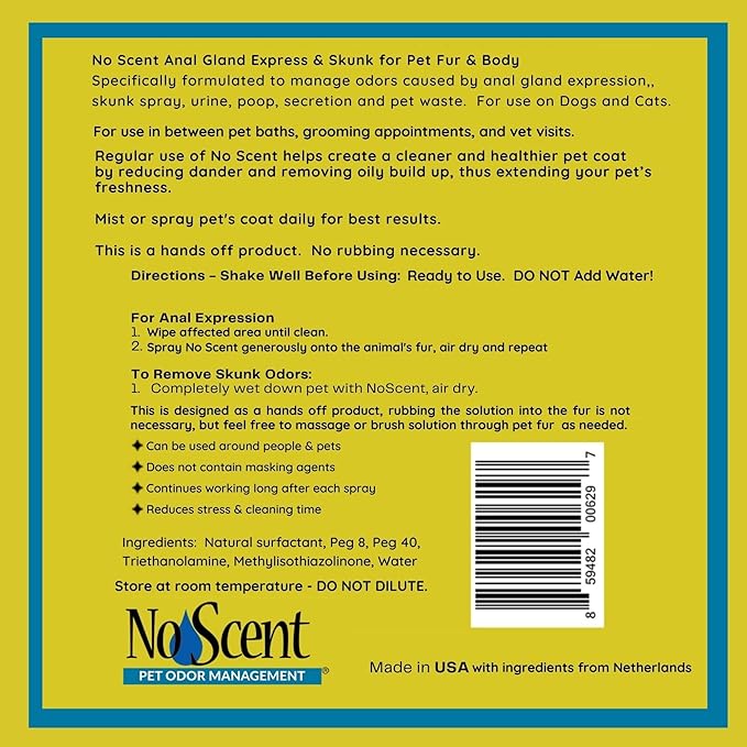 No Scent Anal Gland Express & Skunk Spray Pet Fur Cleaner for Dogs & Cats (2 Fl Oz / 59 mL)
