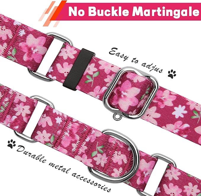 Hikiko Martingale Collar for Dogs with No Buckle Female Designer Floral Dog Collar Nylon No Pull Dog Collars for Small Dogs,Japanese Pink,S