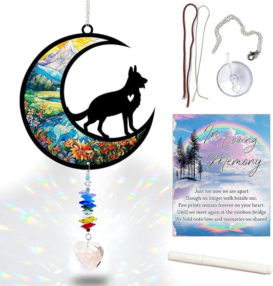 German Shepherd Suncatcher, Personalized Pet Loss Gift with Name & Date, Heart-Shaped Crystal Sun Catcher, Dog Remembrance Sympathy Rainbow Maker for Window & Garden