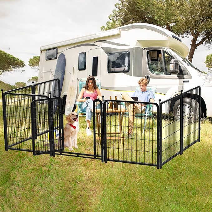 56 in(H) Dog Fence Outdoor for Yard，Wide Door Low Threshold, Decorative Garden Fence Panels, 10 Panels Total 22.1 Ft(L)，No Dig Fencing for Dogs, Black