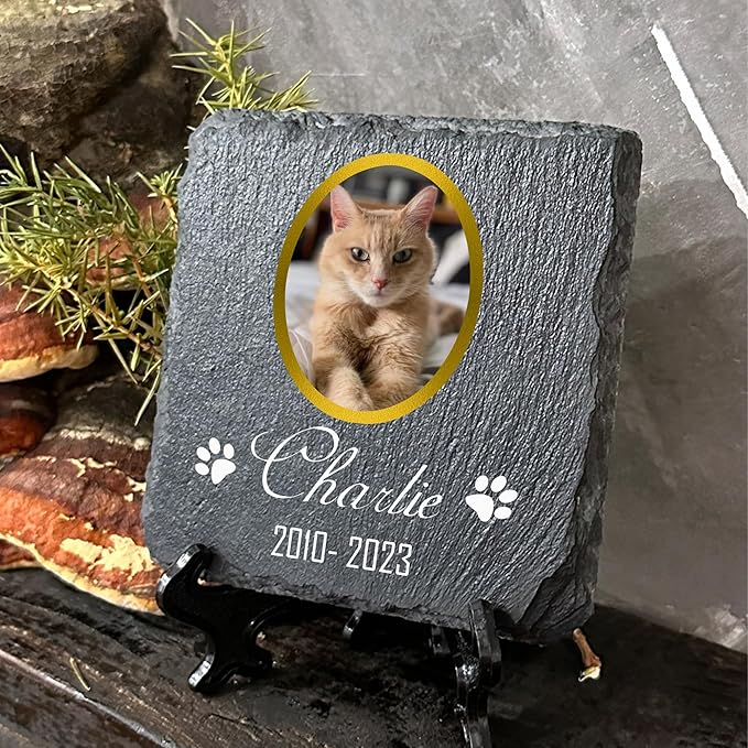 Personalized Individual Square Memorial Plaque + Stand for Pet Cat Dog Slate Stone Frame Paw Grave Marker - Size 3.94" x 3.94" or 100 x 100 mm - Gold Frame Photo