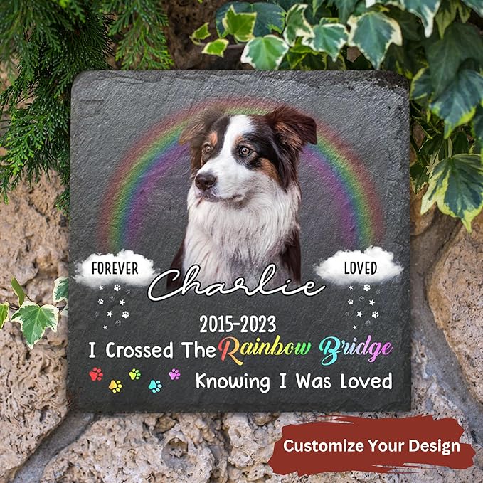 Wrappiness Pet Memorial Stone - I Crossed The Rainbow Bridge, Personalized Dog Memorial Gifts, Remembrance Condolences Bereavement Gifts for Loss of Pet Custom Photo (Square 04, Stone)