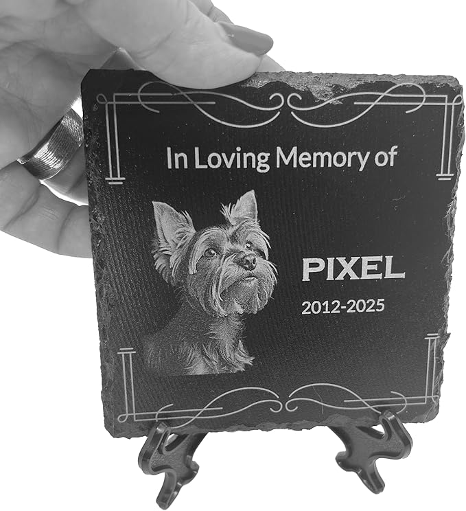 lemuria 4x4” Pet Memorial Stone – Personalized Black Slate Grave Marker – Custom Engraved Dog or Cat Headstone for Indoor or Outdoor Use (4x4 inches)