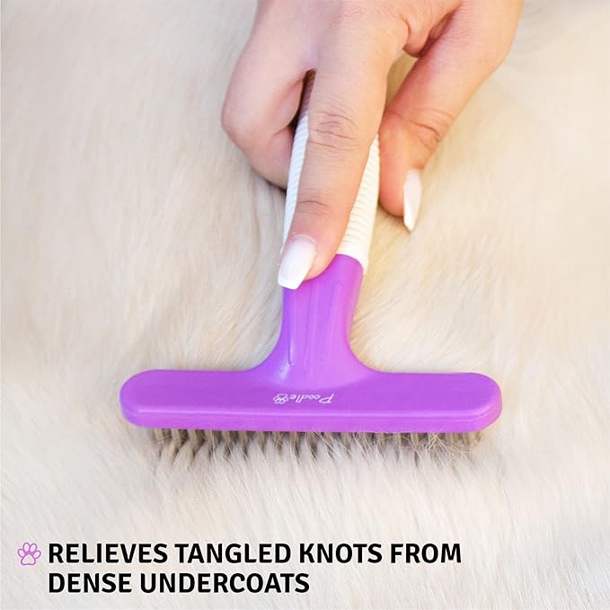POODLIE Poodle Pet Dog Grooming Rake| Dematting Tool with Stainless Steel Shedding Comb for Pets | 2 Rows of Pins Gently Remove Loose or Tangled Hair from Undercoat | Purple Handle