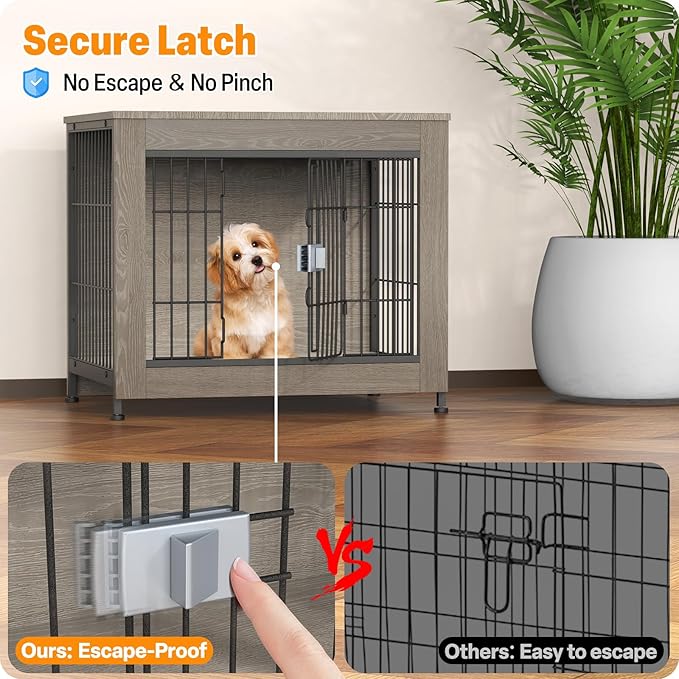 Furniture Style Dog Crate, 27" Wooden Dog Kennel End Table with Solid Top, Indoor Pet Crate House with Secure Slide Lock, Modern Dog Cage Furniture for Small & Medium Dogs, Greige