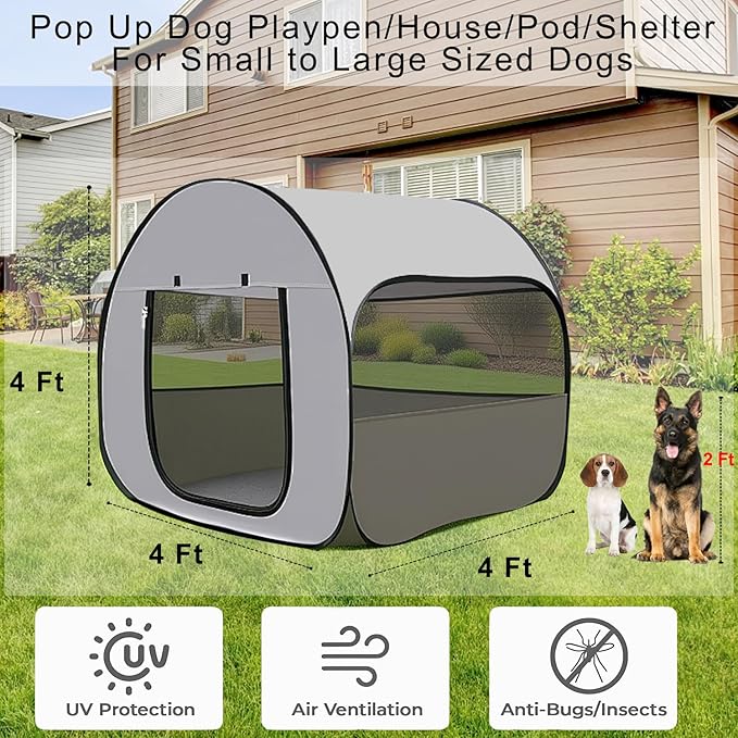 LUCKITTY Pop-Up Dog Kennel Enclosure Large - Large Portable Outdoor Pet Crate with Carry Bag, Waterproof Travel Carrier for Camping Home, Grey