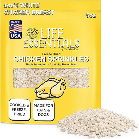 Life Essentials by Cat-Man-Doo Freeze Dried Chicken Sprinkles Dog & Cat Treats, Healthy Single Ingredient Training Treats for Dogs, Puppies & Cats, Made with Real Chicken – 5 oz