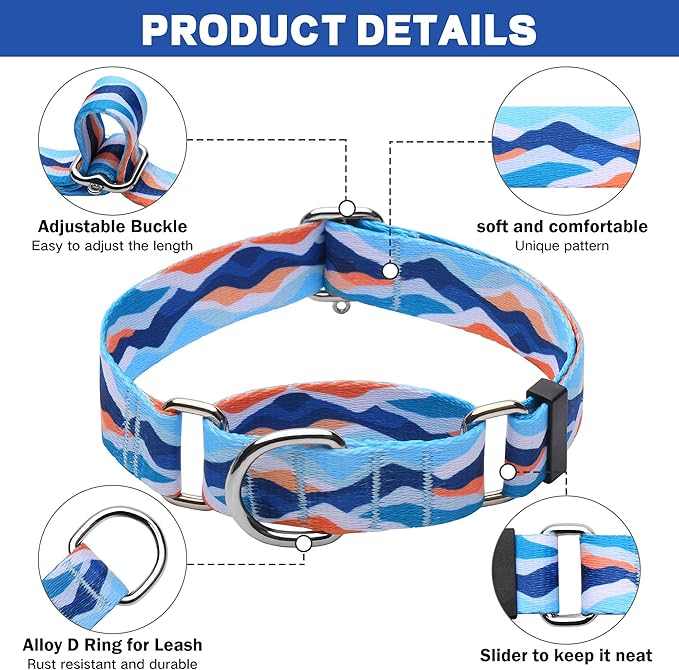 Hikiko Martingale Collar for Dogs with No Buckle Boy Male No Slip Dog Collars for Medium Dogs,Blue Mountain,M