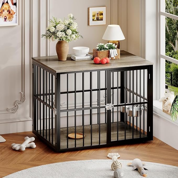 Dog Crate Furniture with Double Doors, 43 Inch Heavy Duty Indoor Dog Kennel, Wooden Pet Crate End Table with Removable Tray and Adjustable Food Bowl for Medium Large Dogs