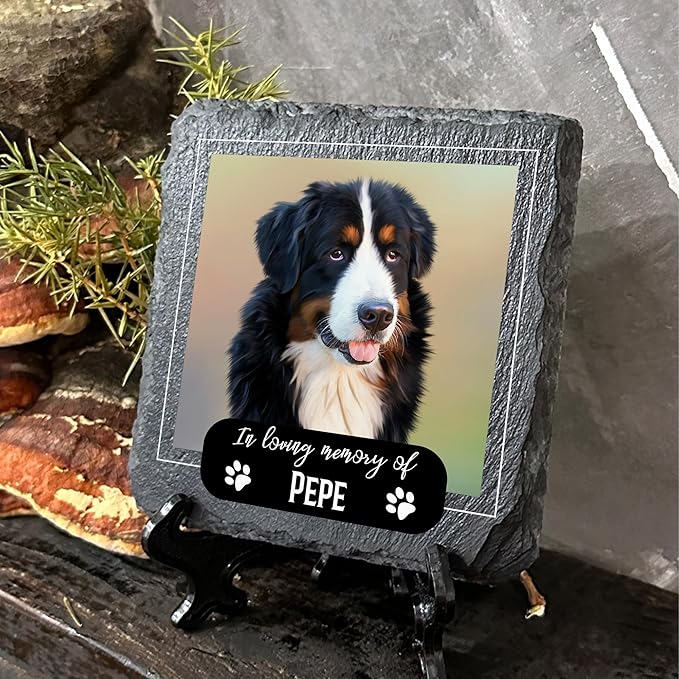 Personalized Individual Square Memorial Plaque + Stand for Pet Cat Dog Slate Stone Frame Paw Grave Marker - Size 3.94" x 3.94" or 100 x 100 mm - Image Frame