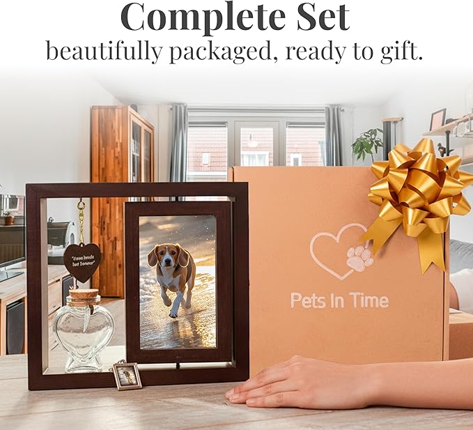 Pet Memorial Frame Set for Loss of Dog or Cat – Dog Memory Frame, Rotating Pet Memorial Photo Frame Shadow Box for Ashes, Cat Shadow Box Memorial, Engraved Charm & Photo Keychain – Pet Remembrance Keepsake