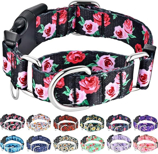 Martingale Collar for Dogs Pink Floral Dog Collars for Medium Dogs with Buckle Girl Female Soft Nylon Dog Collar (Black Pink Rose, M)