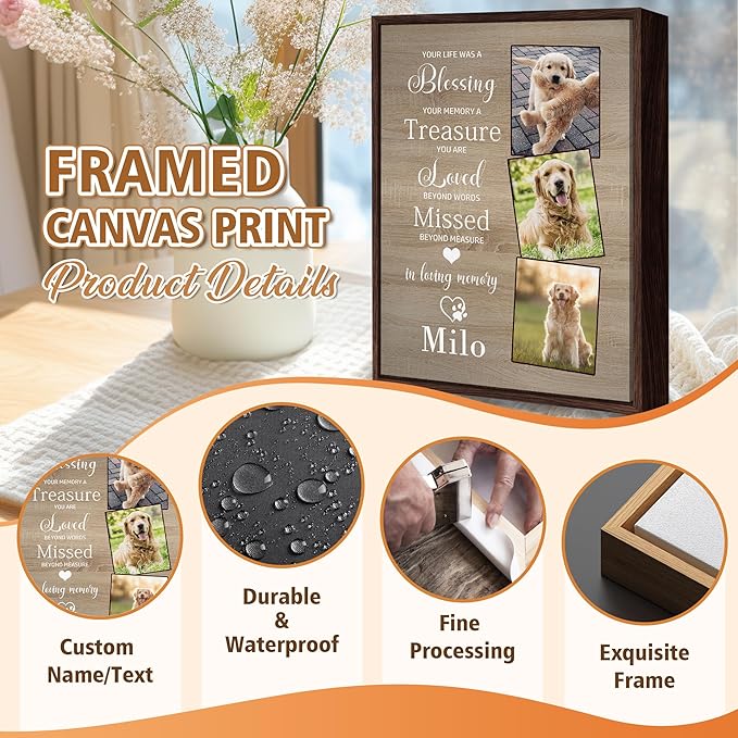Custom Dog Memorial Gifts, Dog Memorial Canvas Framed with Photo, Personalized Paw Prints with Name and Text, Dog Loss Sympathy Ornament Gift for Dog Cat Lover Owners