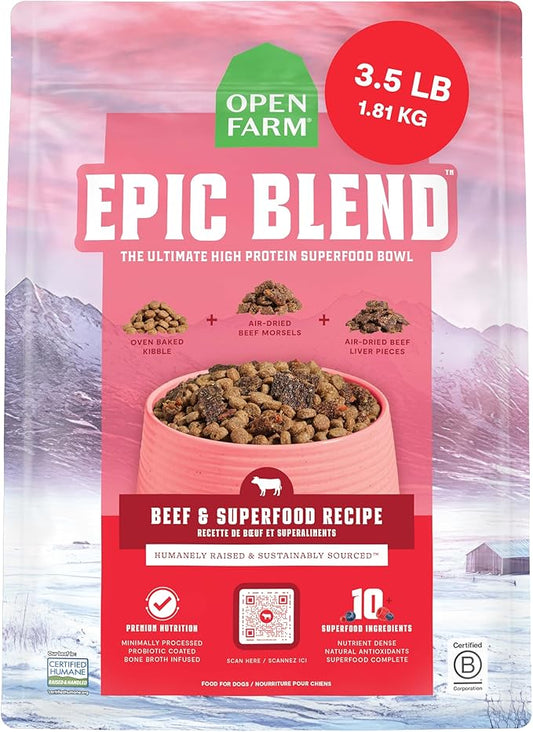 Open Farm, Epic Blend High Protein Dry Dog Food, Probiotic Coated & Bone Broth Infused Kibble with Air Dried Meat & Organs, Minimally Processed & Nutrient Dense, Beef & Superfood Recipe, 3.5lb Bag