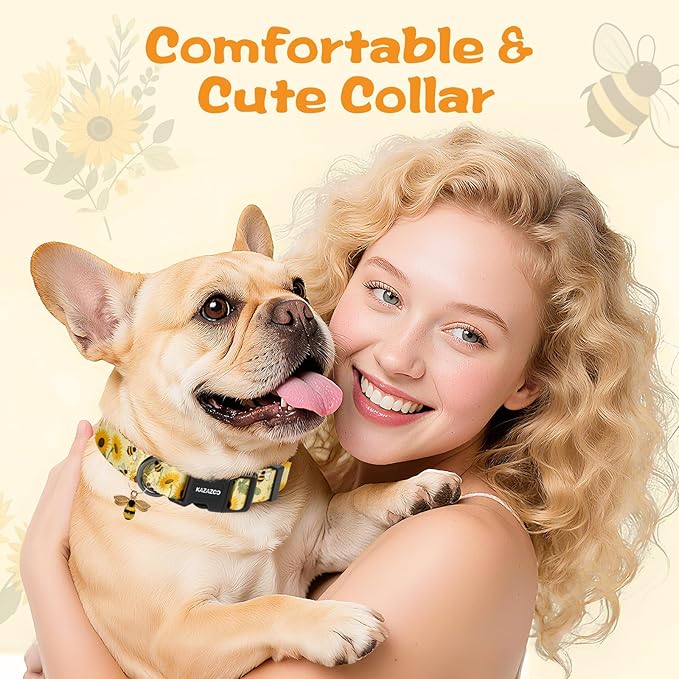 Kazazoo Dog Collar Cute and Soft Nylon Puppy Collar for Boy and Girl, Adjustable Dog Collars for Small Medium Dogs, Bees and Sunflowers-S
