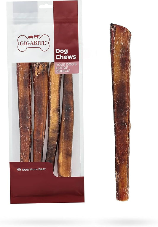 GigaBite Bully Sticks for Dogs All Natural Beef Pizzle Dog Chews, Odor & Rawhide Free Dog Treats, Long Lasting High Protein Chews Digestible Dental Dog Treat - Sticks (Monstrous 12"), Pack of 4