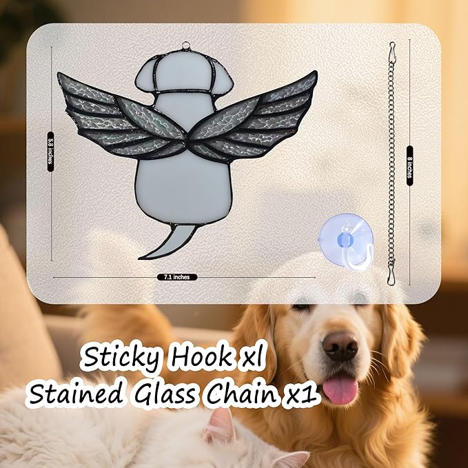 Stained Glass Rainbow Wing Angel Dog Memorial Gift for Loss of Dog Bereavement(White)