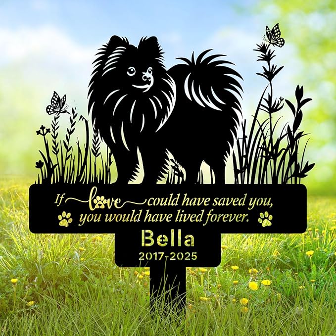Personalized Pet Pomeranian Memorial Grave Marker with Name & Date, Custom Metal Loss of Dog Headstone Pet Pomeranian Plaque, Burial Stake for Outdoors Cemetery Yard, Pomeranian Sympathy Gifts