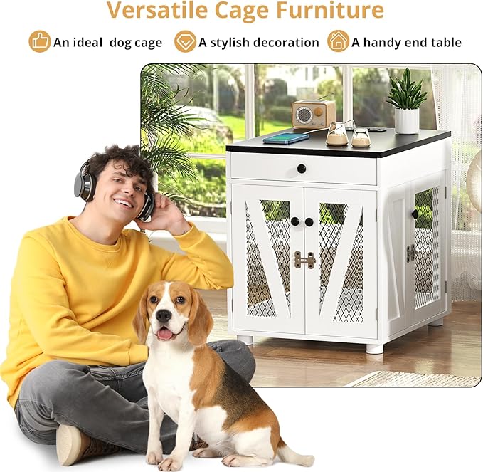 VOWNER Dog Crate Furniture, Wooden Dog Kennel End Table with USB Charging Station, Storage Drawer, Double Latched Door, Furniture-Style Crate Side Table for Small Dogs Under 25 lbs Indoor Use, White