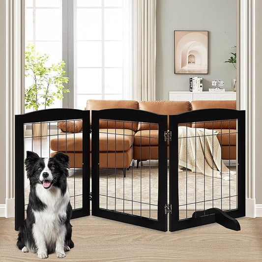 LZRS 3-Panel Freestanding Wooden Dog Gate—30" Tall Foldable Pet Barrier with Support Feet, Chew-Resistant Solid Hardwood & Steel Wire Safety Fence for Doorways, Hallways, and Stairs, Black