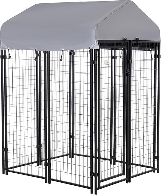 PawHut Outdoor Dog Kennel with Roof, 4' x 4' x 6' Heavy Duty Welded Wire Dog Playpen Enclosure with Escape-Proof Lock, UV-Resistant & Waterproof Cover, for Medium Dogs, Chickens, Ducks, Silver