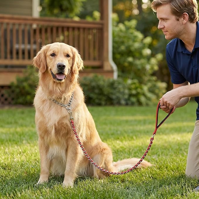 Chew Proof Metal Dog Leash with Built-in P-Chain Collar - 2FT/4FT for Small/Medium/Large Dogs (30-150lb), Anti-Bite Chain Link with Soft Padded Handle, 360° Rotating Clasp Red