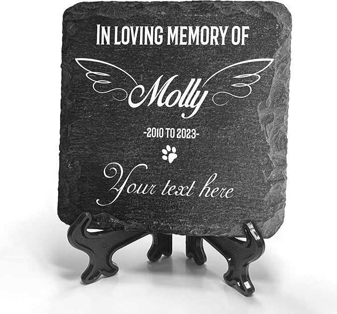 Personalized Individual Square Memorial Plaque + Stand for Pet Cat Dog Slate Stone Frame Paw Grave Marker - Size 3.94" x 3.94" or 100 x 100 mm - Custom Text