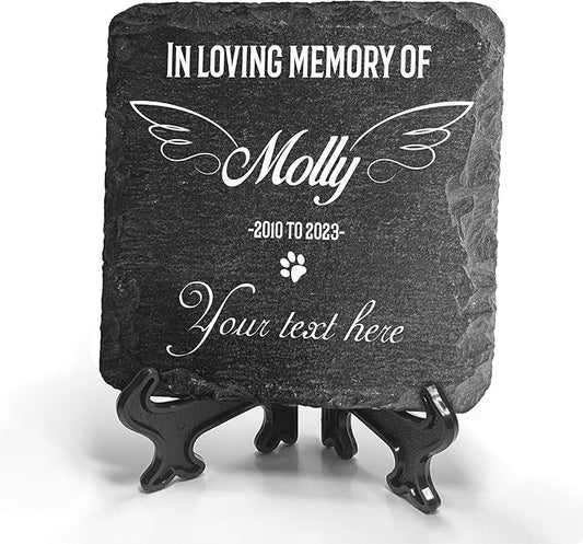 Personalized Individual Square Memorial Plaque + Stand for Pet Cat Dog Slate Stone Frame Paw Grave Marker - Size 3.94" x 3.94" or 100 x 100 mm - Custom Text