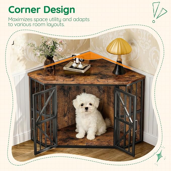 44" Corner Dog Crate Furniture, Corner Dog Kennel Furniture with X-Design Metal Frame, Corner Dog Crate TV Stand for Medium Dogs, Pet Crates Corner End Table, Rustic Brown and Black TGW03BF