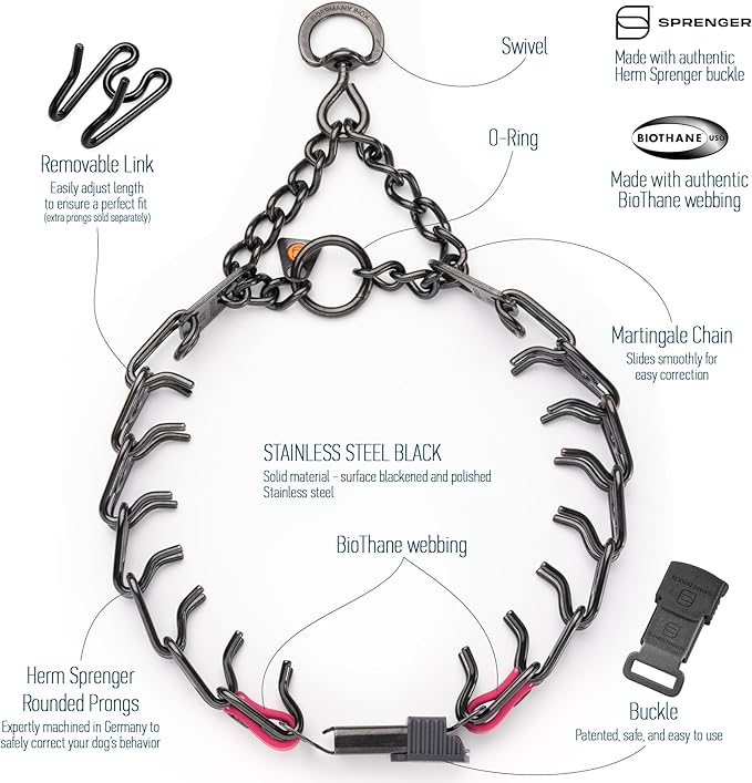 Herm Sprenger Black Stainless Steel Dog Collar with Short Links and Quick Release ClicLock Buckle and Biothane Insert Made in Germany 20in x 3.0mm (Neck Size up to 16-17in) (Passionfruit Pink)