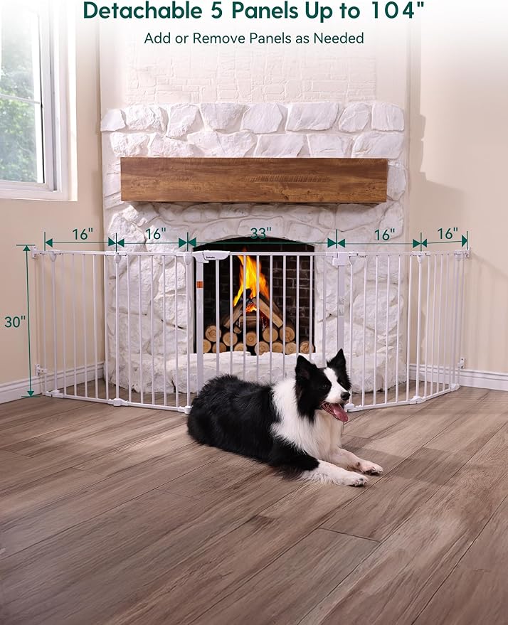 Babelio 104" Extra Wide Baby Gate, 30" Tall Auto Close Dog Fence for Stairs Doorways Fireplace, Hardware Mounted Pet Gate Indoor, Foldable 5 Metal Panels, White