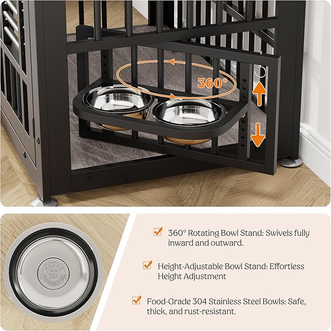 Lulive Dog Crate Furniture 31.5" Wooden Dog Kennel Table with Bowls Heavy Duty Dog Crates for Small/Medium/Large Dogs, Dog Kennel Furniture Indoor as TV Stand End Table,Grey