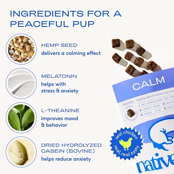 Native Pet Calming Chews for Dogs XL Breed - Promotes Calming Effect, Supports Emotional Balance & Reduces Hyperactivity - Hemp Seed, Melatonin for Dogs, L-Theanine & Casein - 30 Days Supply