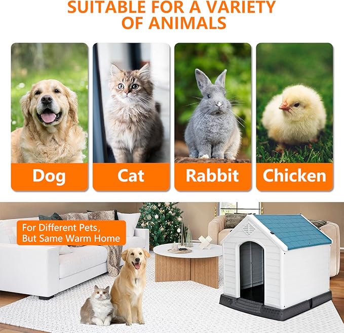 Large Plastic Dog House Indoor Outdoor Durable Ventilate Doghouse for Small Medium Large Dogs Insulated Puppy Shelter w/Air Vents Elevated Floor Waterproof Blue