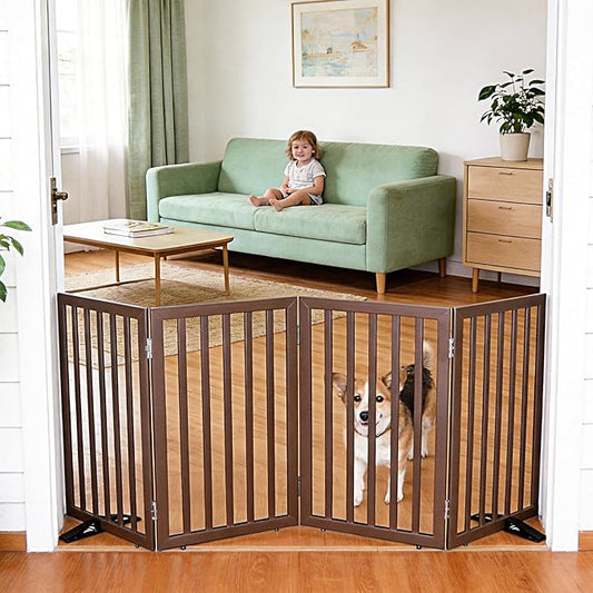 ZJSF Freestanding Indoor Dog Gate for House Foldable Wood Puppy Gate for Doorways Pet Gate for Stairs Extra Wide Pet Fence, Brown, 32" Height 4 Panels
