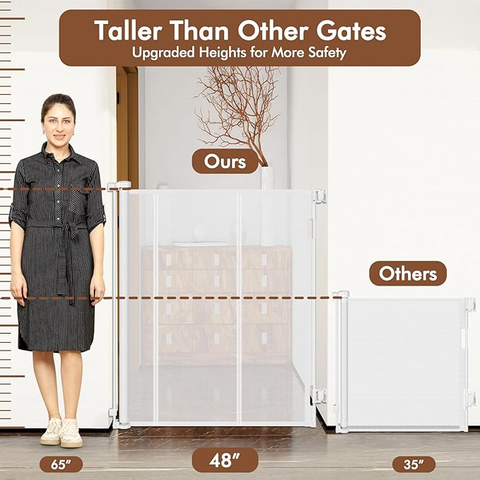 Reinforced 48" Extra Tall X 100" Extra Long Baby Gates for Wide Openings Retractable Baby Gates Extra Wide Dog Gates Indoor Mesh Gates for Dogs Tall Pet Gates for Doorways Mesh Cat Gate, White