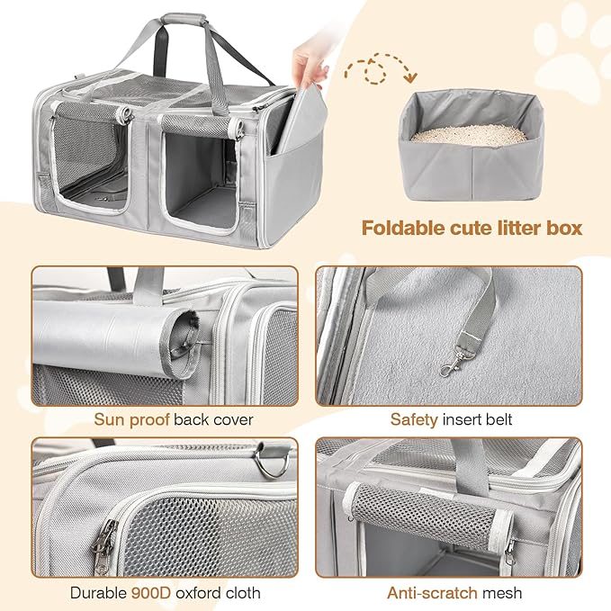 Cat Carrier for 2 Cats with Litter Box, Large Cat Travel Carrier for Car Travel, Double-Compartment Soft Pet Carrier with Breathable Mesh, up to 30lb - for Car, Vet Visits & Camping