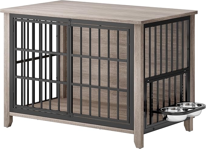 37.7" Dog Crate Furniture, Wooden Dog Kennel Indoor with 360° Rotating Feeder and 2 Adjustable Bowls, Multi-Functional Decorative Side End Table Dog Cage for Medium Dogs, Grey