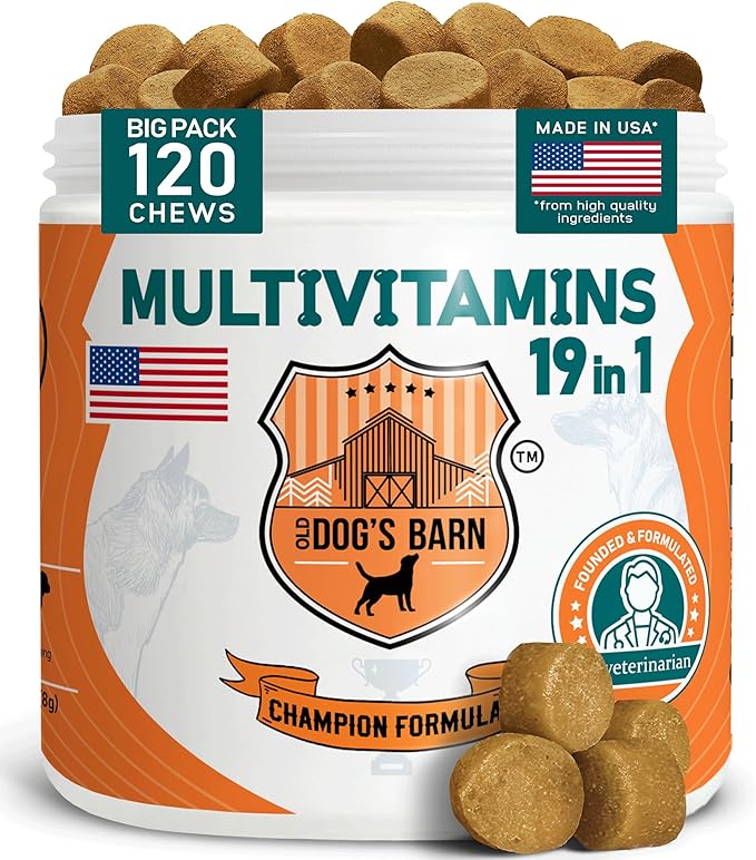Old Dog's Barn Multivitamins 19 in 1 for Dogs – Glucosamine, Salmon Oil, Cranberry Powder, Hemp Seed Oil (Omega 6), MSM, Chondroitin, Vitamin C, Probiotics, Zinc & Folic Acid 120 Soft Chews
