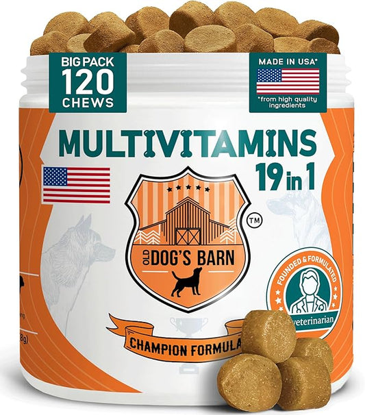 Old Dog's Barn Multivitamins 19 in 1 for Dogs – Glucosamine, Salmon Oil, Cranberry Powder, Hemp Seed Oil (Omega 6), MSM, Chondroitin, Vitamin C, Probiotics, Zinc & Folic Acid 120 Soft Chews