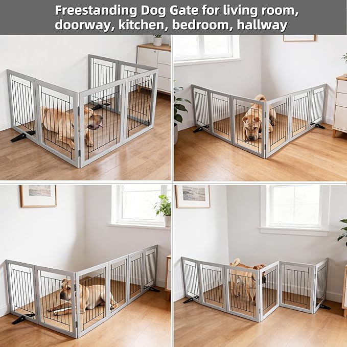 ZJSF Freestanding Dog Gate Indoor, Foldable Dog Fence for Doorways,Hallways or Stairs, Sturdy Wood Extra Wide Pet Gate with Support Feet,Grey,24 "Height-6 Panels