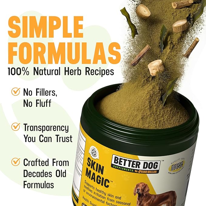 Better Dog Supplements Skin Magic by Cesar Millan – Natural Skin and Coat Supplement for Dogs Irritation from Seasonal Factors, Hot Spots, & Itch Relief Dog Skin Supplement – 4oz (60-Day Supply)