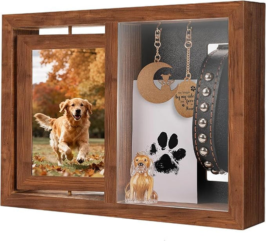 Dog & Cat 3-IN-1 Memorial Wooden Picture Frame Set, Lost Pet Sympathy Gifts with 360° Rotation Wooden Picture Frame for Two 4"x6" Photos, Pet Memory Gifts for Dog/Cat Passing