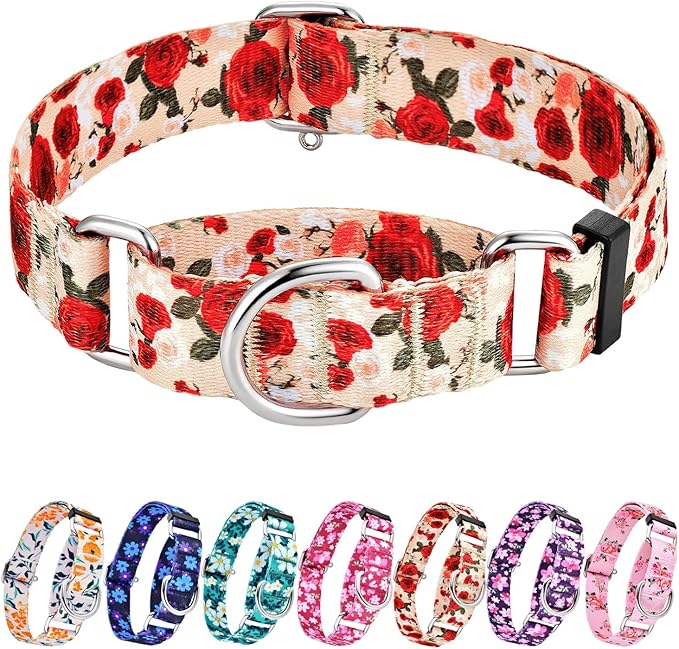 Hikiko Martingale Collar for Dogs with No Buckle Female Designer Floral Dog Collar Nylon No Pull Dog Collars for Medium Dogs,Red Rose,M
