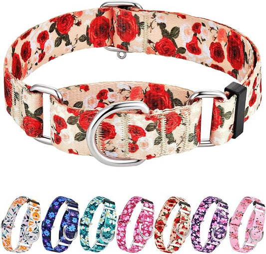 Hikiko Martingale Collar for Dogs with No Buckle Female Designer Floral Dog Collar Nylon No Pull Dog Collars for Medium Dogs,Red Rose,M