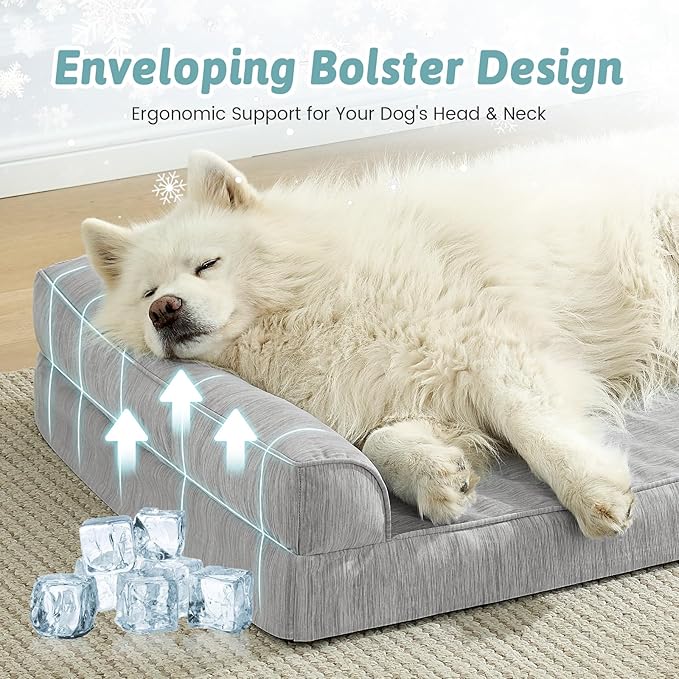 Cooling Dog Bed, Orthopedic Foam Dog Bed with Sides, Removable Cover & Waterproof Lining and Nonskid Bottom, Comfortable Pet Beds for Dogs, Grey (48" L x 32" W x 7.5" Th)
